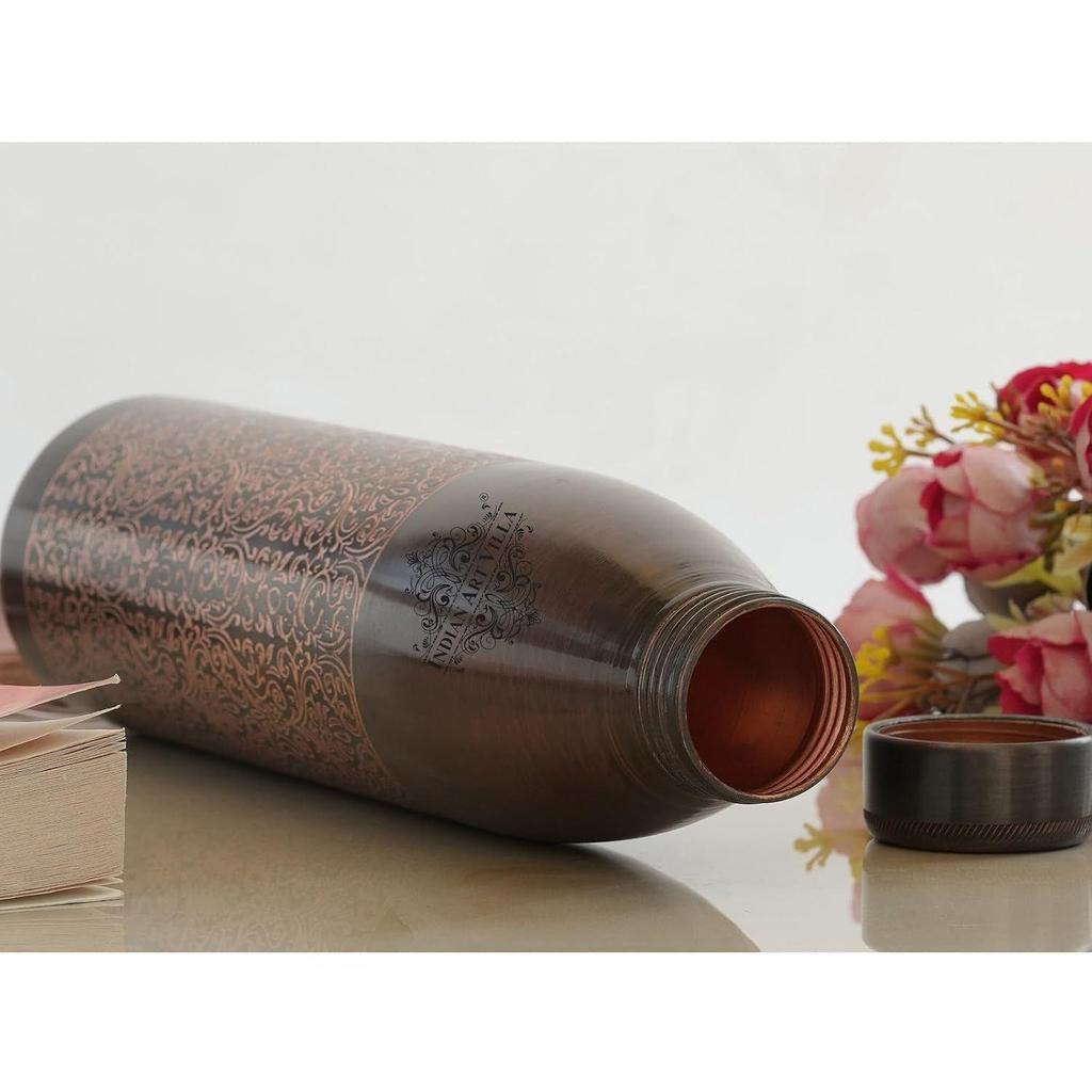 100% Pure Copper Water Bottle, Antique Dark Embossed Design, Ayurvedic Vessel for Yoga & Health, 900ml