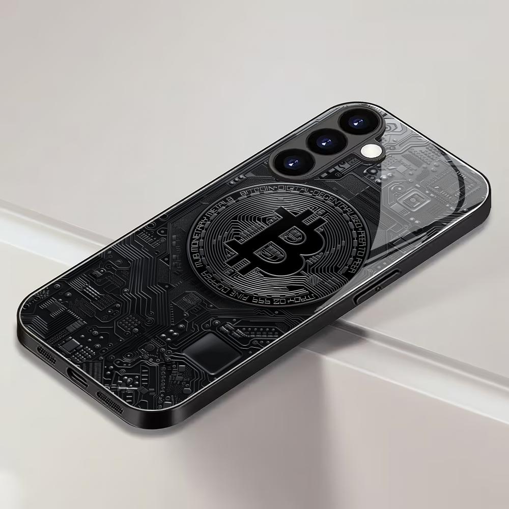 Bitcoin black tempered glass phone case suitable for Samsung Galaxy S26 S25 S24 S22 S21 S20 FE/Ultra/Plus anti drop back cover