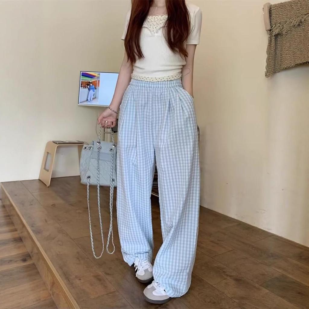 Plaid Colorblock High-Waist Straight-Leg Summer Pants - Women's Trendy and Versatile Floor-Length Design