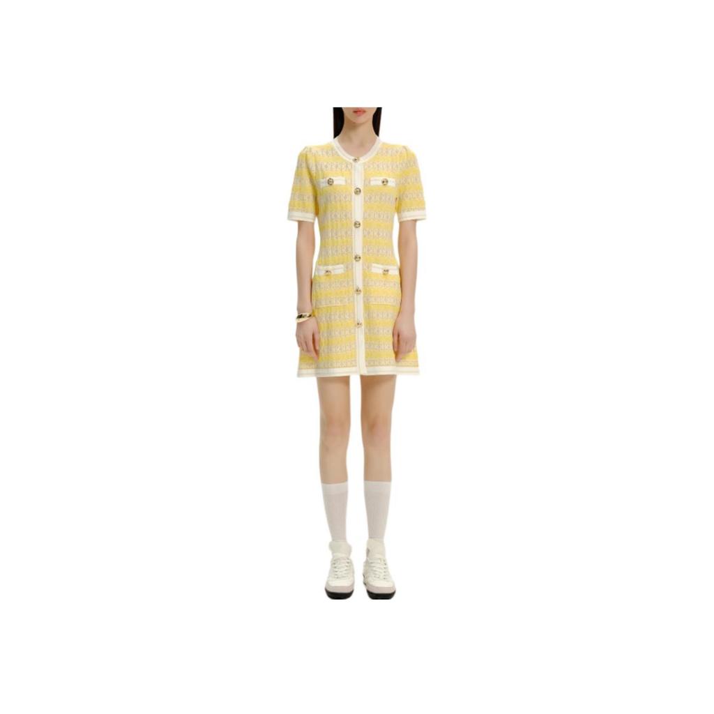 Karl Lagerfeld Fashionable Waist-Defined Color-Blocked Button-Detail Short Sleeve Mini Dress Women Dresses Yellow E41W1308
