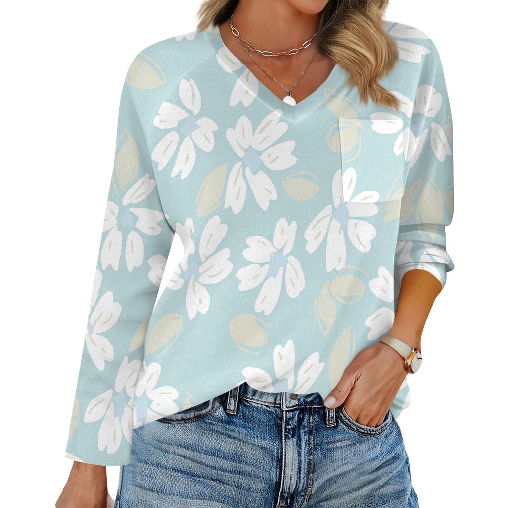Women's Raglan Long Sleeve V-Neck T-Shirt Splicing Solid Color Casual Top Pullover V-Neck Pocket Bottoming Shirt