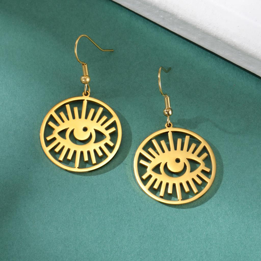 LIKGREAT Gothic Evil Eye Earring Stainless Steel Sun Eyes Drop Hoop Earrings Punk Hiphop Jewelry Amulet Gift for Women