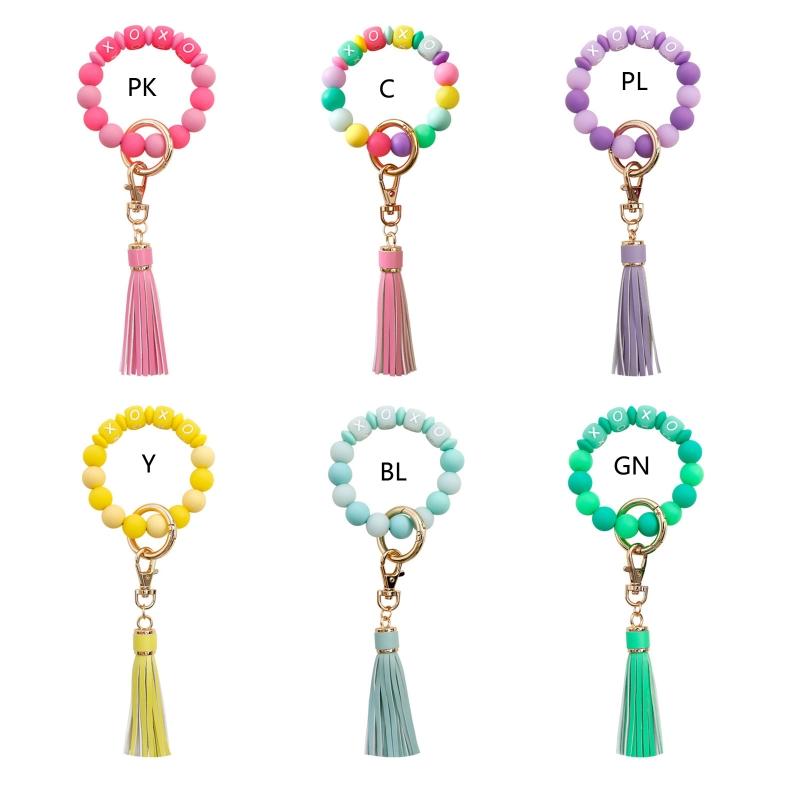 Wristlet Keychain Bracelet Bangle for Key Ring Chain Bracelet with Fluorescent Silicone Bead Leather Bead Keychain for W