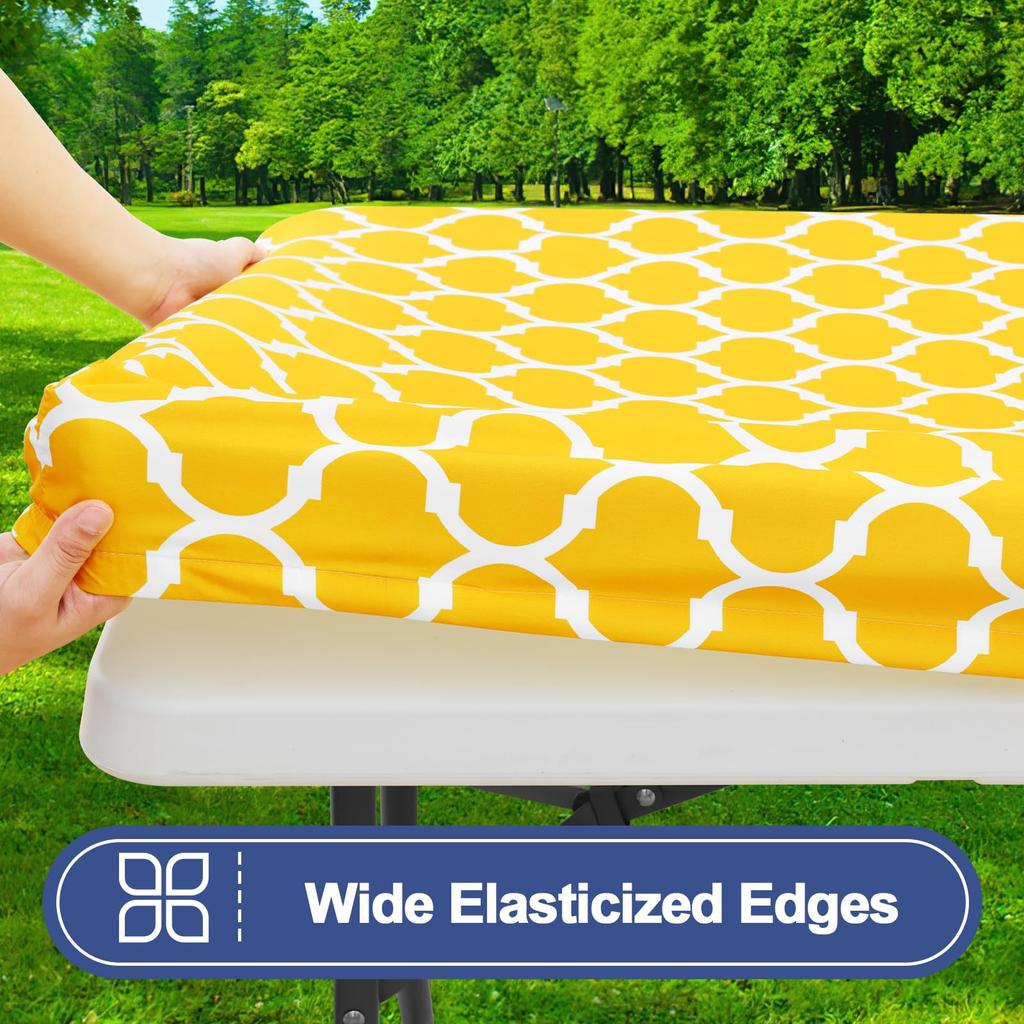 Waterproof Table Cover Rectangle | Elastic Fitted Tablecloths 6 Foot | Outdoor Table Cloth Polyester