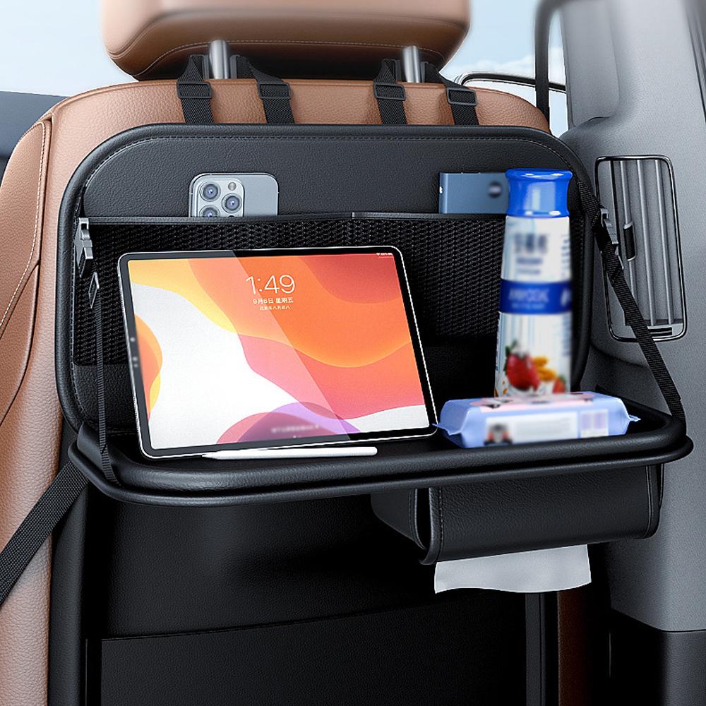 Car Back Seat Backseat Foldable Table Tray PVC Leather Storage Bag Car Travel Accessories