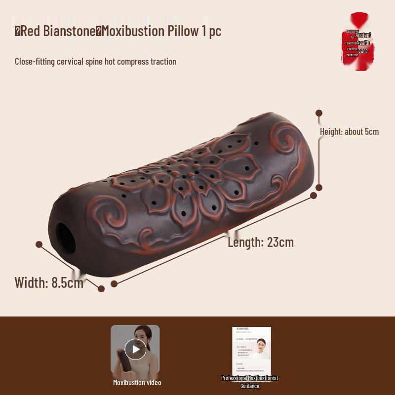Red Bianstone Moxibustion Neck Pillow: Portable Cervical Spine Heat Therapy Device for Home Use