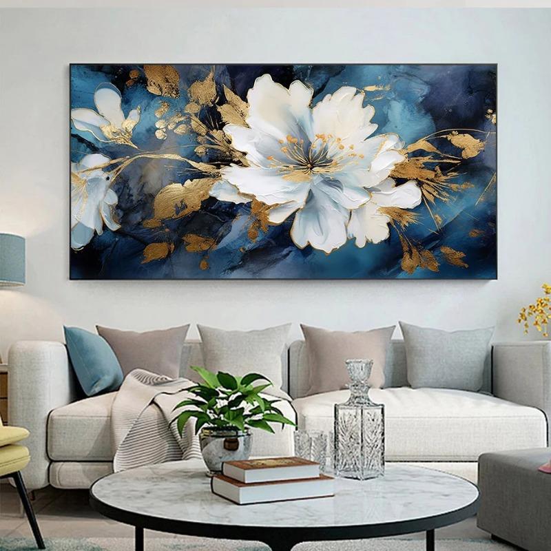 Blue White Flower Boho Large Size Long Poster Wall Art Canvas Modern Painting Print Picture Living Room Home Interior Decor