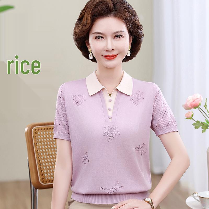 Stylish Ice Silk Knit Lapel Top for Middle-Aged & Elderly Women - Short-Sleeve Summer T-Shirt