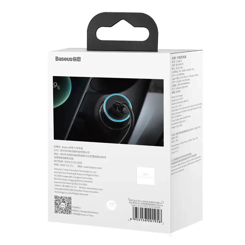 Ładowarka Samochodowa Baseus Golden Contactor Pro, Usb + Usb-C, Qc4.0+, Pd, Scp, 40W (Szara) + Kabel Usb Do Usb-C 1M (Czarny)