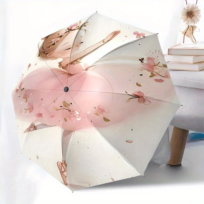 Ballerina, Flowers Automatic Folding Umbrella  Simple Eight Rib Design, Bright Color Pattern, Durable Iron Frame, Ideal for Travel and Outdo