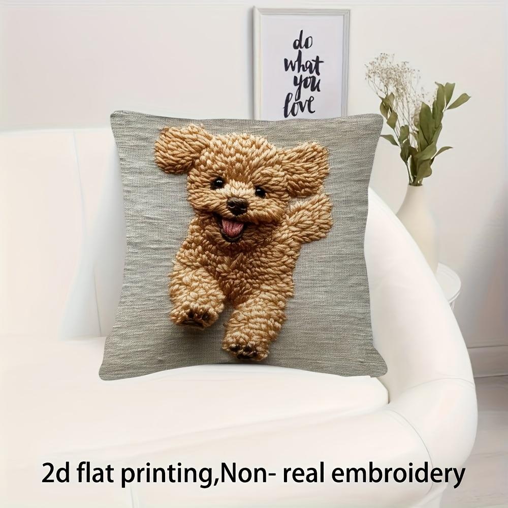 Cute Fluffy Poodle Pillow Cover 2D Faux Embroidery Print Adorable Puppy Dog Cushion Case For Sofa Bed Couch Cozy Pet Lover Home