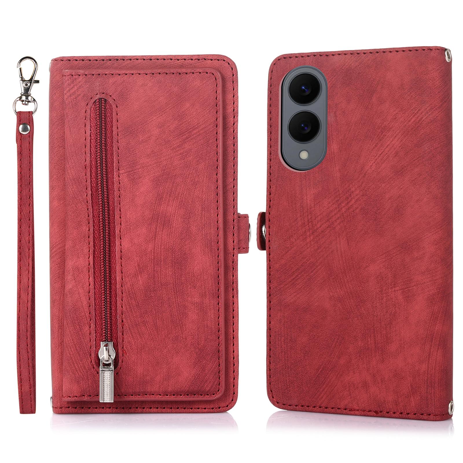 

Чехол-книжка для Samsung Galaxy S25 Edge с карманом на молнии, 9 отделениями для карт, кожаный чехол для телефона из ПУ с ремешком на запястье Red