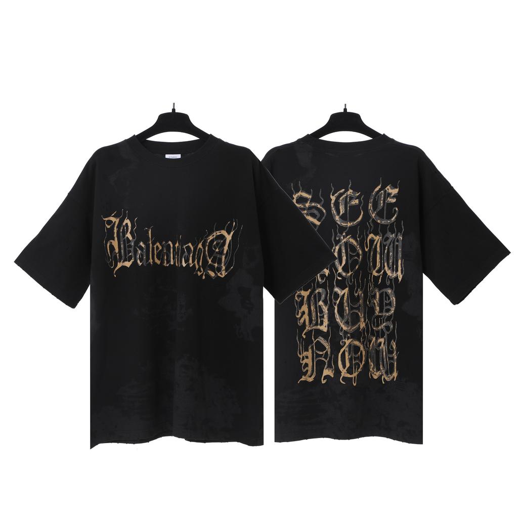 T-shirt in cotone puro a doppia filatura, lavata e invecchiata, con stampa di lettere Vetements, versione alta transfrontaliera, per uomo e donna