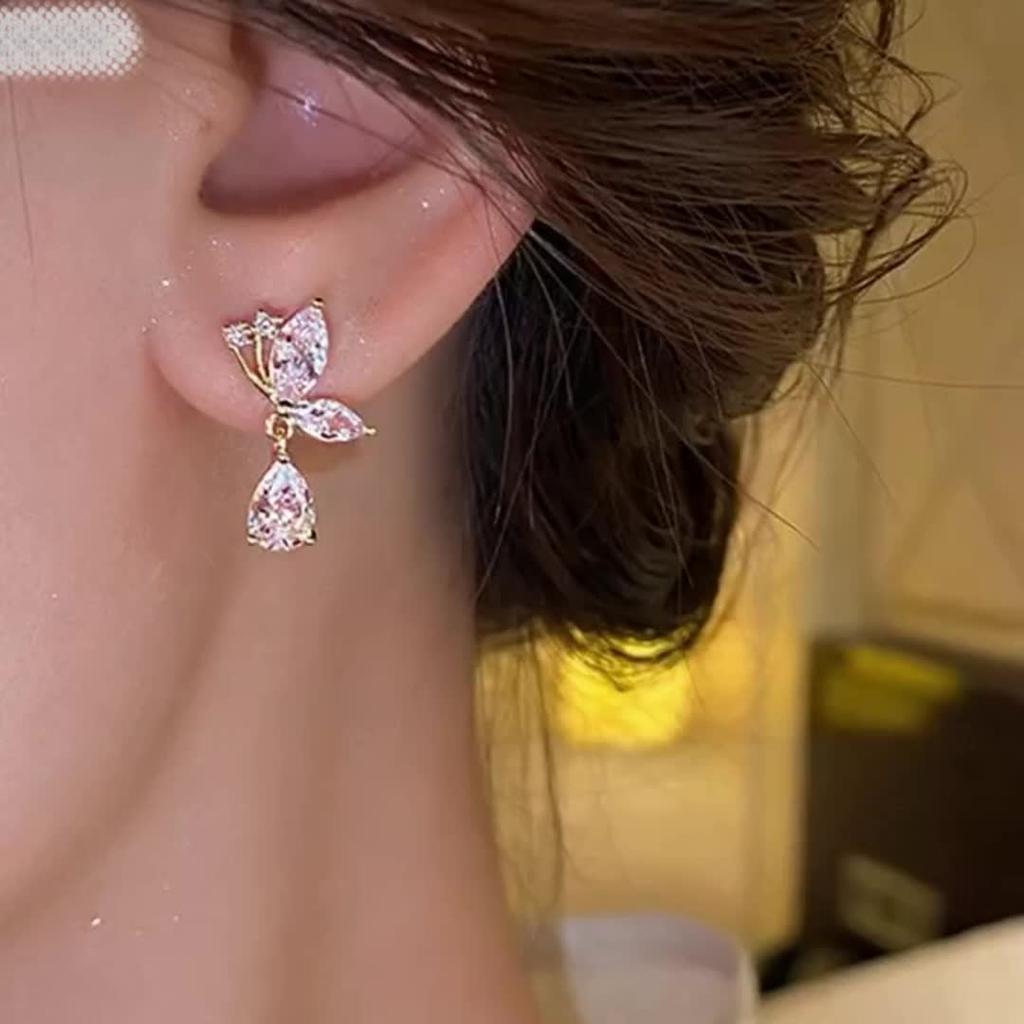 Pair Fashionable Elegant Exquisite Butterfly Bow Glass Inlaid Earrings for Women Daily Commuting Dating Gift