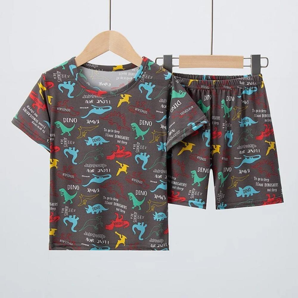 2 Pcs Summer Children s Fun Printed Shorts Short Sleeve Suit Boy Colorful Dinosaur Top Girl Sweet And Lovely Elastic Waist Short 110