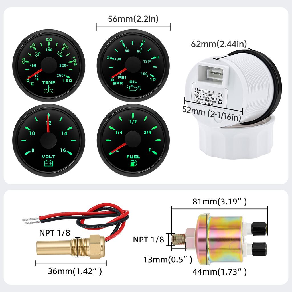 12V24V Universal 52MM 4 Gauge Kit with 2 Sensor Water Temperature + Oil Pressure + Fuel Level + Voltmeter For All Vehicle Marine