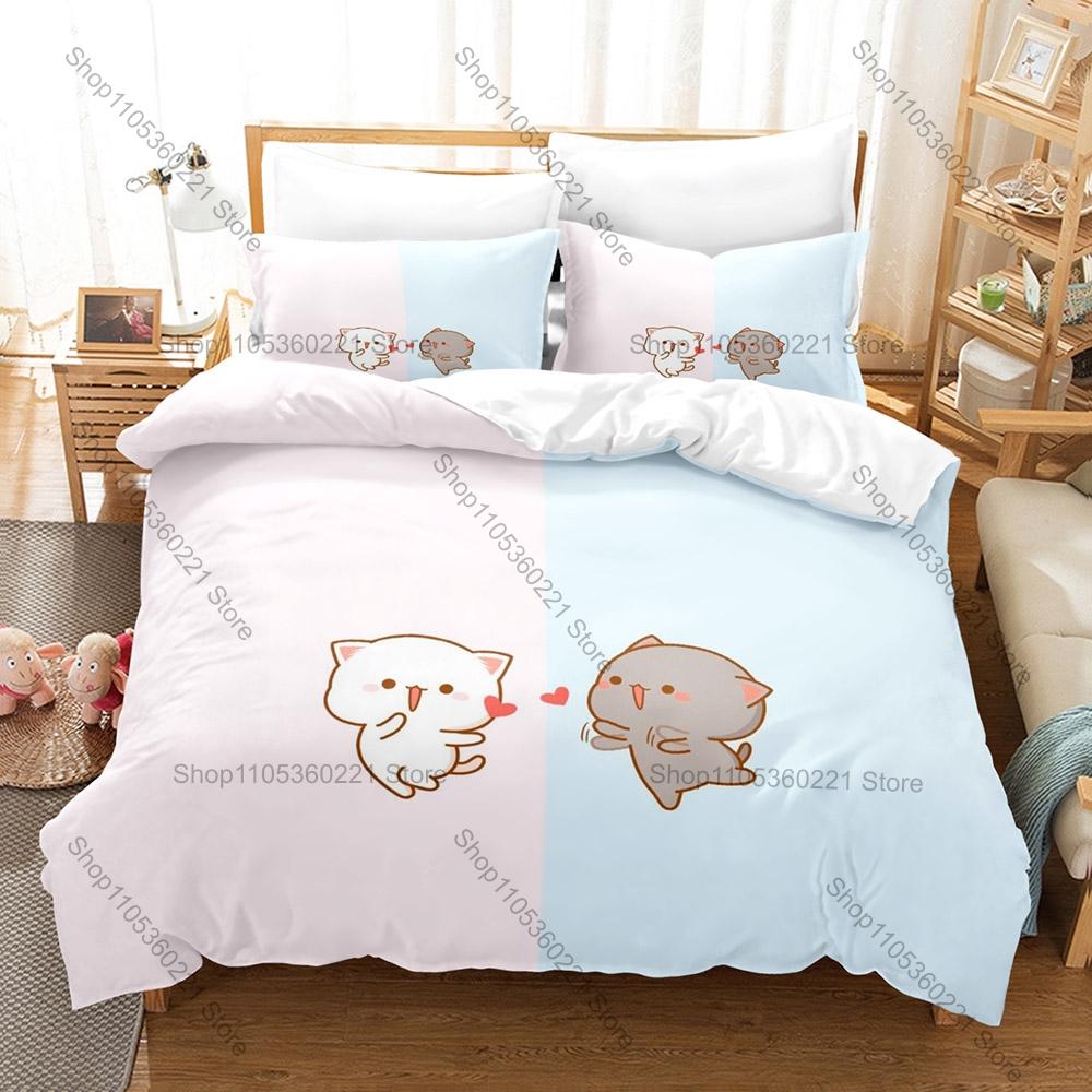 Personality Adorable Peach And Goma Cat Bedding Set New Sweet Couple Printed Duvet Cover Soft Bed Set For Girls Kids Room