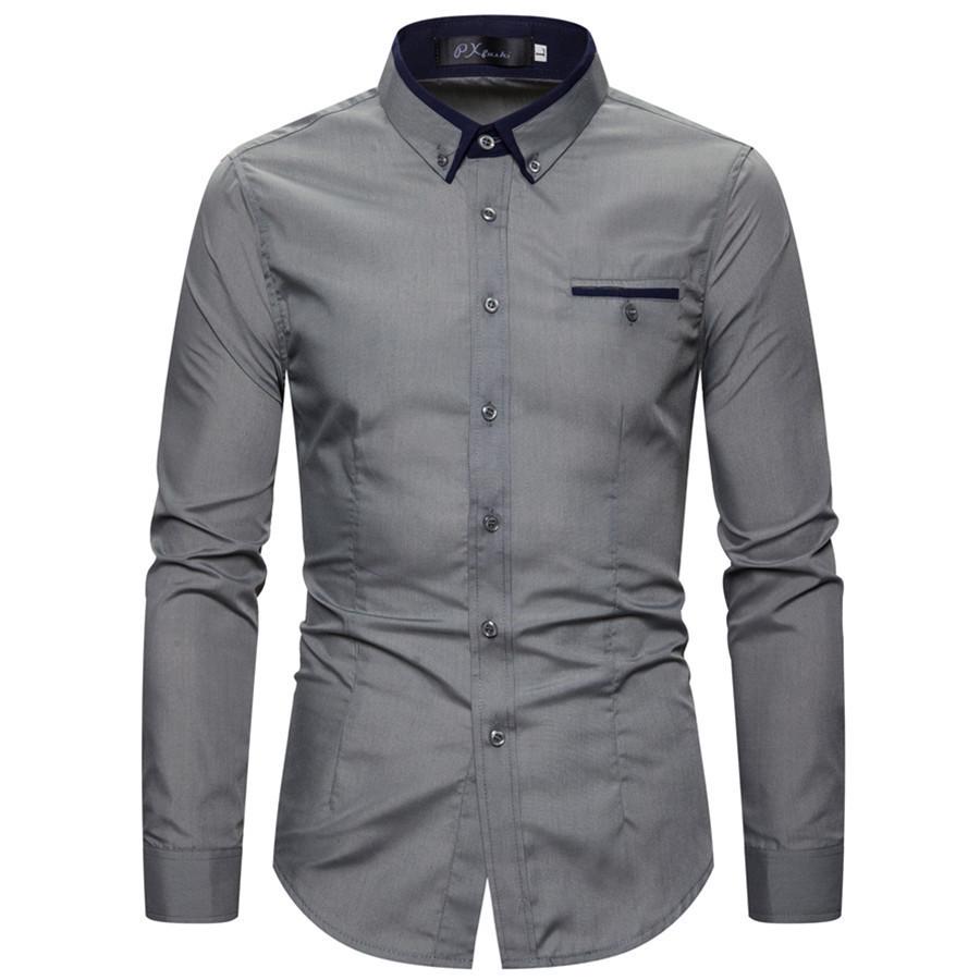 Men's Autumn Fashion Double Collar Solid Color Slim Fit Long Sleeve Shirt