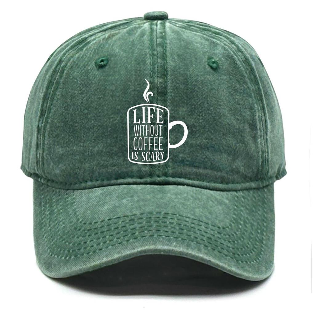 LIFE WITHOUT COFFEE IS SCARY" Print Adjustable Baseball Cap, Flat Cap Breathable Headwear Curved Brim Inelastic Snapback Baseball Hat