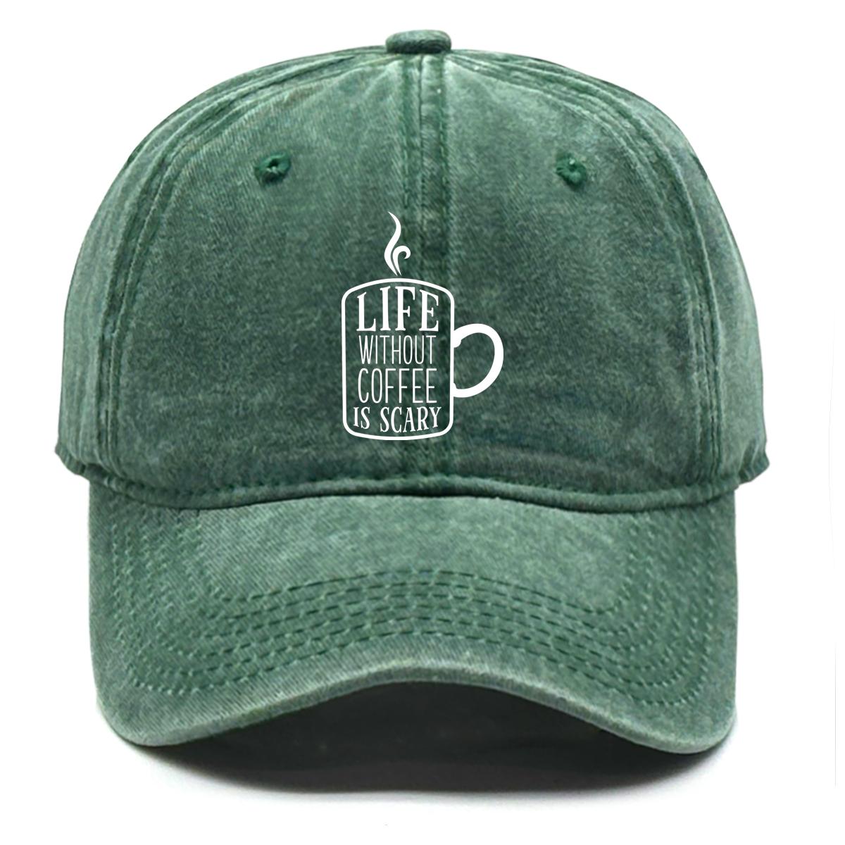 

LIFE WITHOUT COFFEE IS SCARY Print Adjustable Baseball Cap, Flat Cap Breathable Headwear Curved Brim Inelastic Snapback Baseball Hat as the picture зелёный