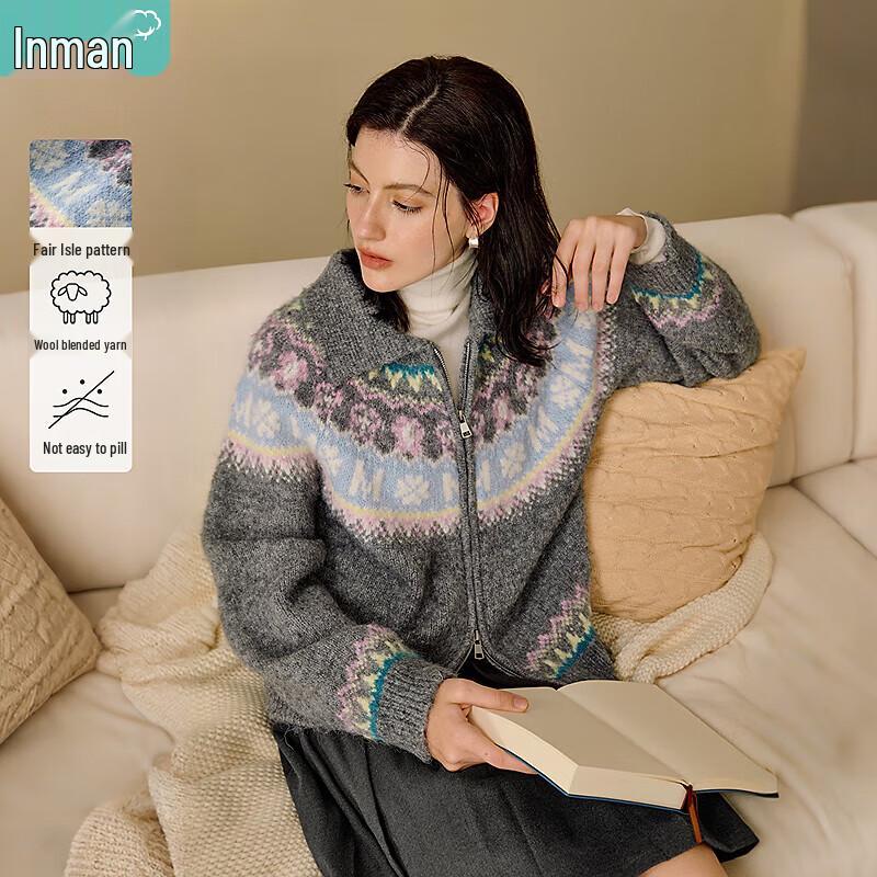 INMAN Damen Fair Isle Strickjacke mit Doppelreißverschluss