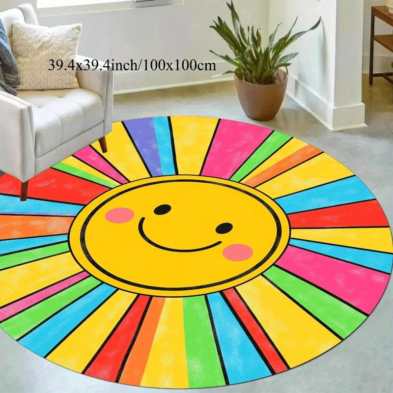 Regenbogen Sonne Smiley Gesicht Runder Teppich Flanell Weich Kinderzimmer Dekor Spielbereich Teppich Fußmatte Home Office Helles Fröhliches Geschenk Diameter 60cm yellow