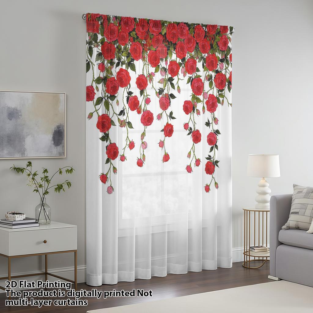 Luxury Red Rose Vine One Piece Curtain Romantic Vintage Style French Decorative Window Treatment Soft Privacy Screen Curtains Sheer Made Of Polyester