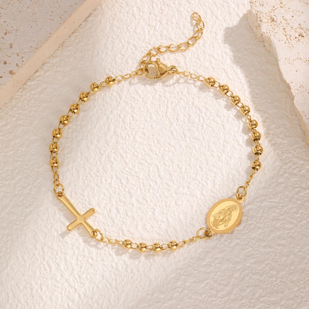 Heiliges dreifarbiges Rosenkranz-Kreuz-Armband für Damen, Edelstahl Goldfarbe Benedikt Runde Perlen Armbänder, Christentum Schmuck