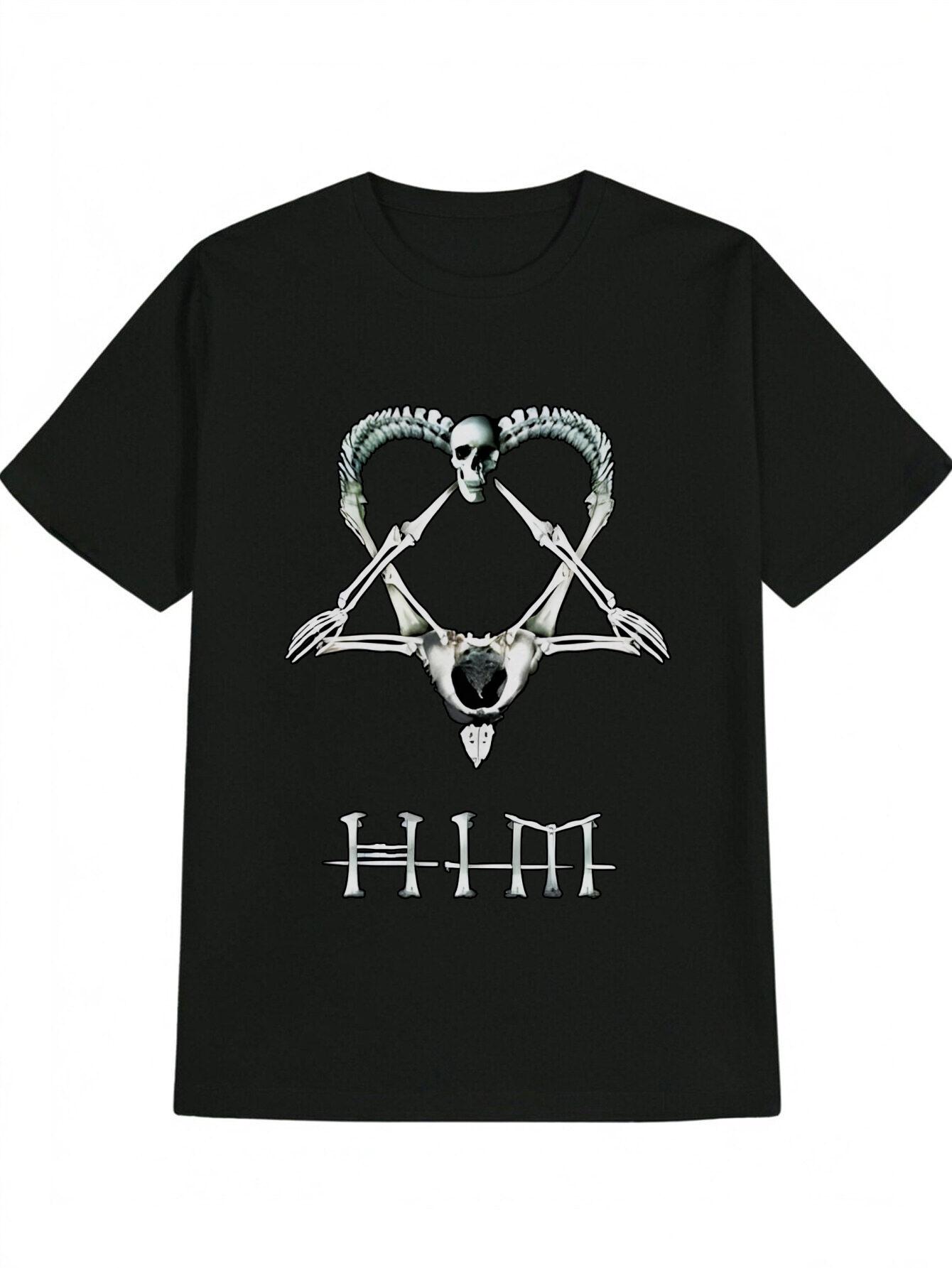 

Casual Graphic T-shirt - Skull & Spine Heart Design with HIM Text - Black Round Neck Summer Tee - Machine Washable Regular Fit - Edgy Gift XXXXL