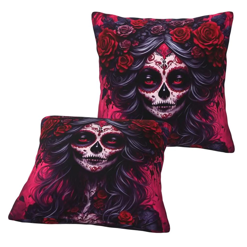 Mexican Catrina Girl Day Of The Dead Sugar Skull 2 Pcs Square Pillowcase Pillow Cover Cushion Comfort Throw Pillow For Home Car