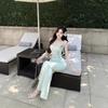 Mint Mambo Style Hip-wrapped Suspender Dress Asymmetrical Three-dimensional Flower Tight Holiday Dress