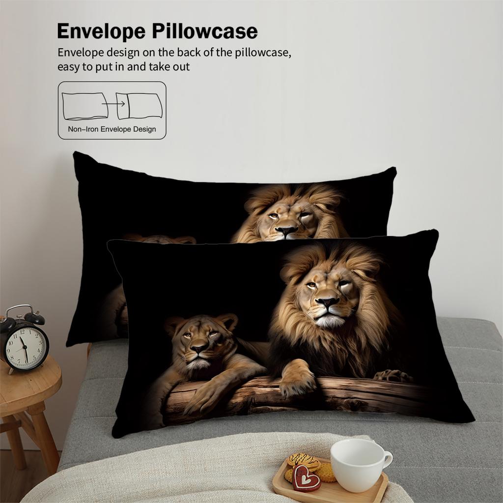 3 Pieces of Down Printed Duvet Cover Set with Lion Pattern (1 Duvet Cover+2 Pillowcases, Without Core), Soft Bedding