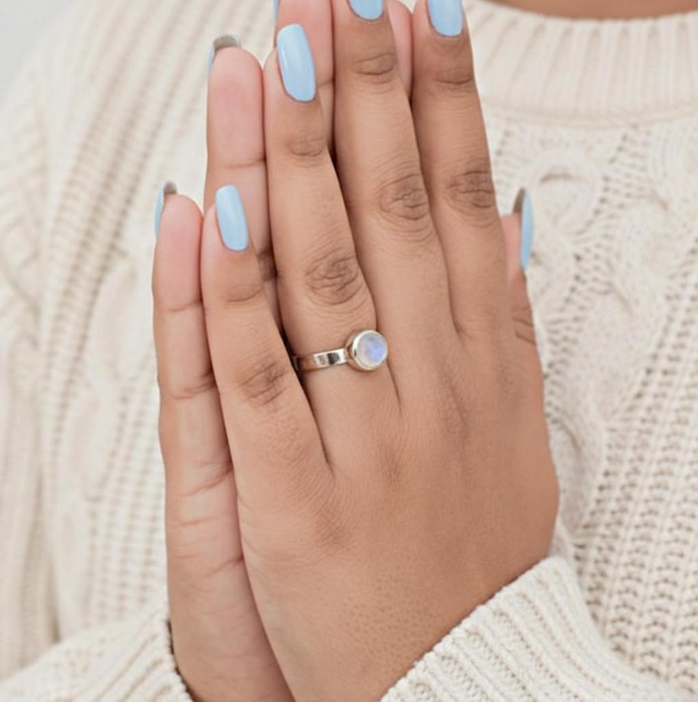 Rainbow Moonstone Dainty Ring, 925 Sterling Silver, Minimalist Promise Ring, Gift for Her