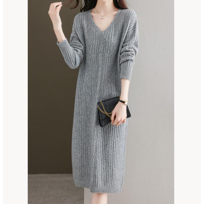 V-neck knitted dress women's autumn and winter temperament plaid long loose large size bottoming sweater skirt