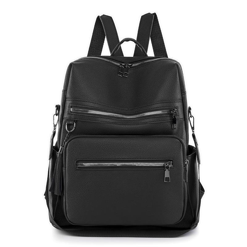 Contrast Color Women Soft Leather Tassel Backpack Simple Outdoor Travel Backpack