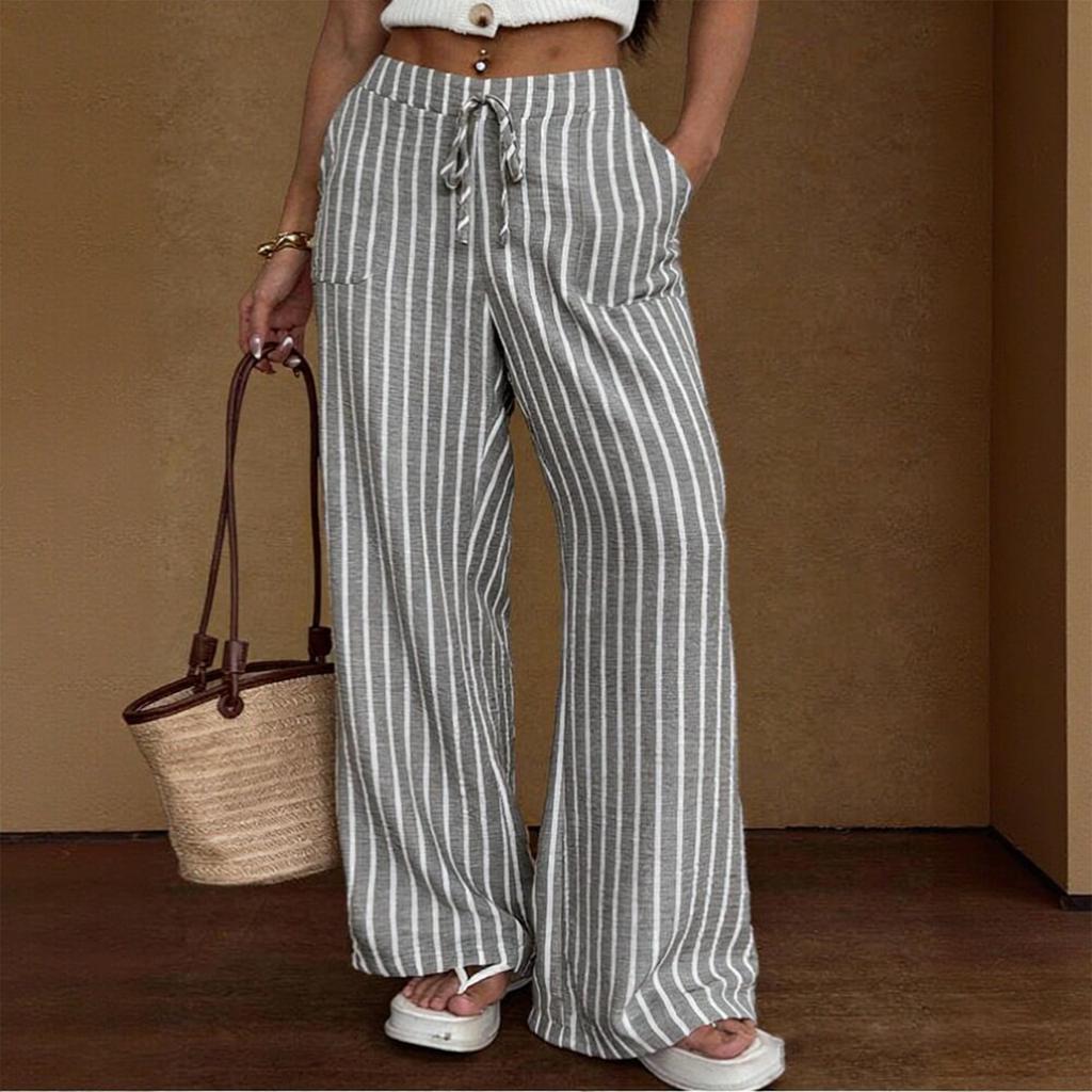 Pantalon Décontracté pour Femme Coupe Ample Jambes Larges Taille à Cordon Motif Rayures Verticales Ceinture Élastique Pantalon Léger Confortable