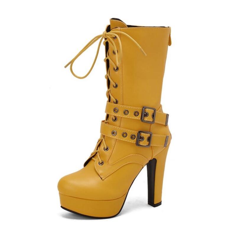 Women Punk Style Lace-Up Ankle Boots Belt Buckle Platform High Heels Short Boot Female White Autumn Winter Round Toe Shoes