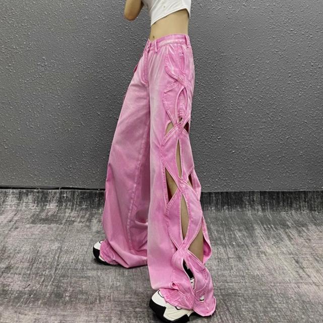Jeans décontractés à design ajouré personnalisé pour femmes, nouvelle collection été, taille haute, coupe ample et fine, polyvalents, pantalon large large jusqu'au sol