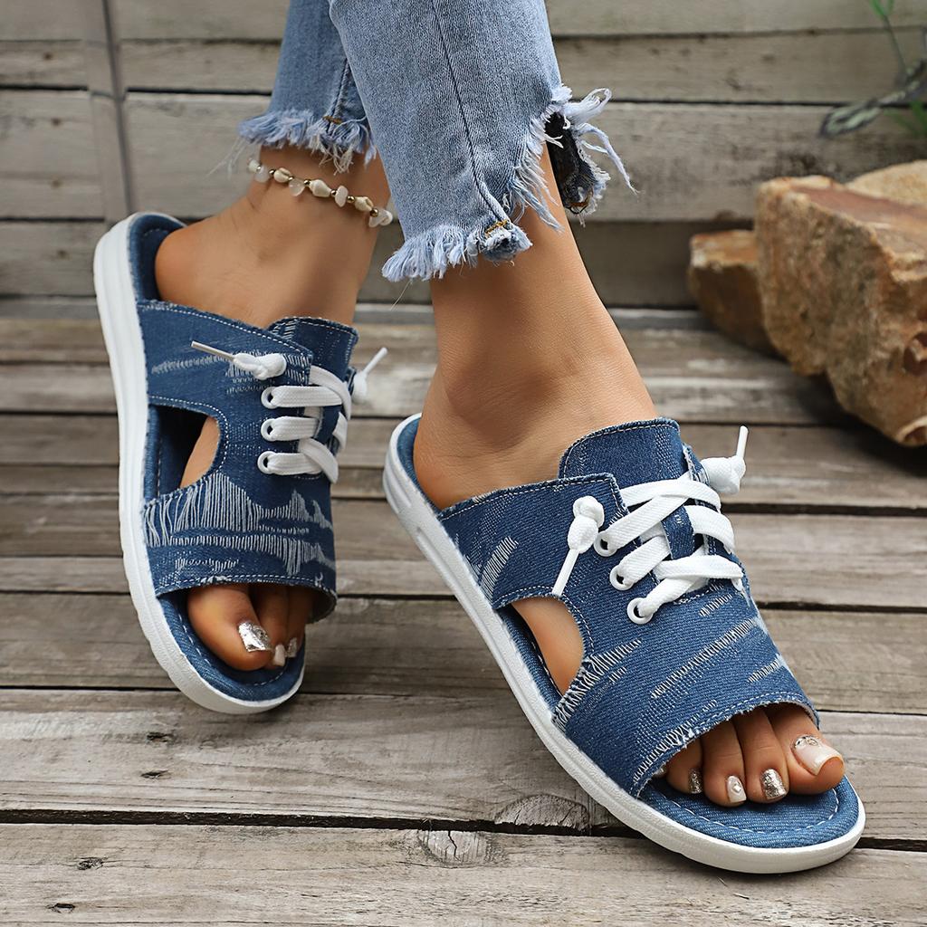 Summer New Large-sized Denim Fabric Lace-up Slip-on Sandals for Women - Round Toe Flat Casual Sandals