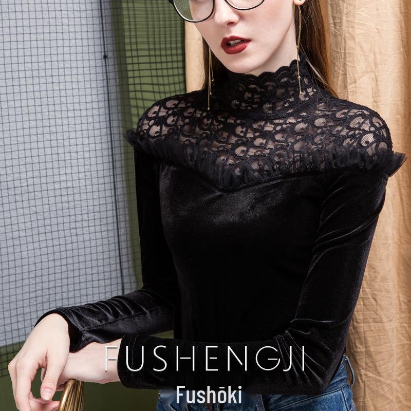 

Осенне-зимний ретро топ с высоким воротником, бархатный базовый слой S чёрный