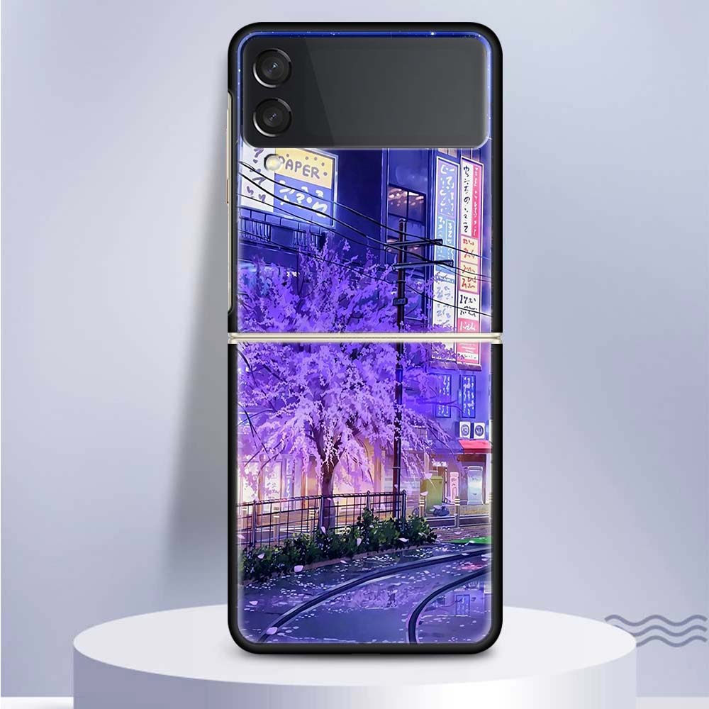 Anime Aesthetic Scenery Hard PC Clear Phone Case Cover for Samsung Galaxy Z Flip 7 6 5 4 3 5G Flip3 Flip4 Flip5 ZFlip6 ZFlip7 Bl