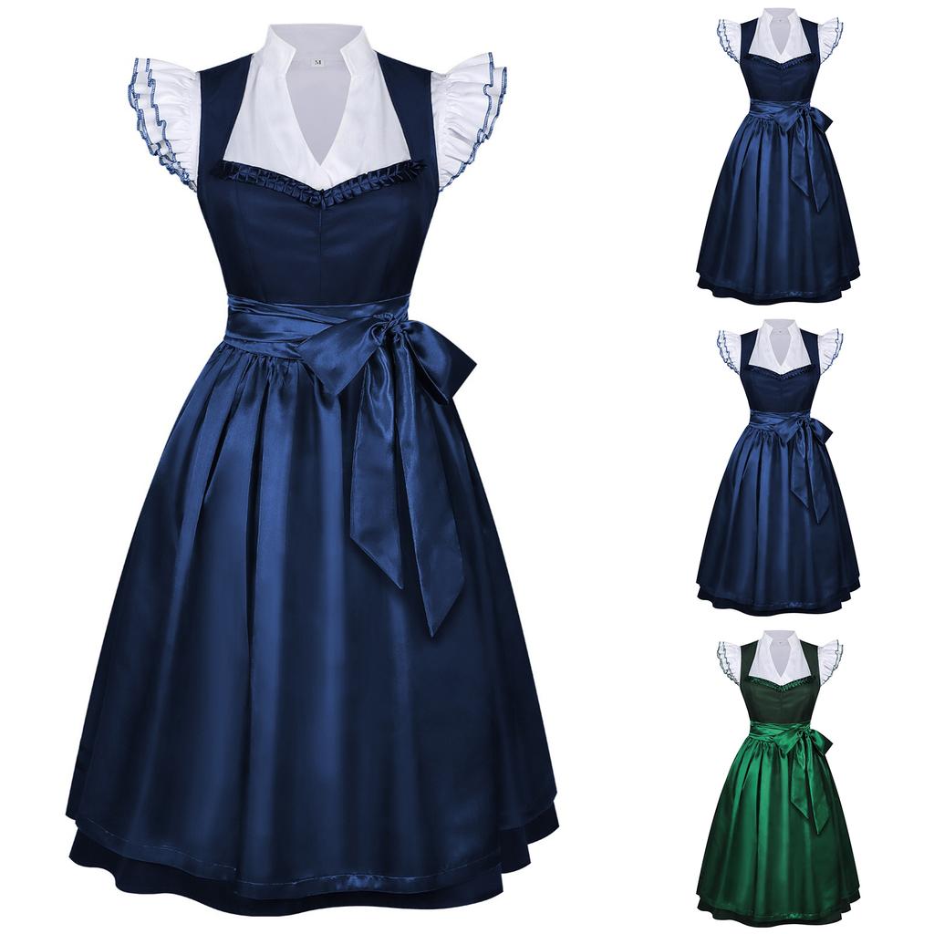 Women’s Classic Flared Dress with Ruffled Sleeves and Waist for Costume or Daily Wear