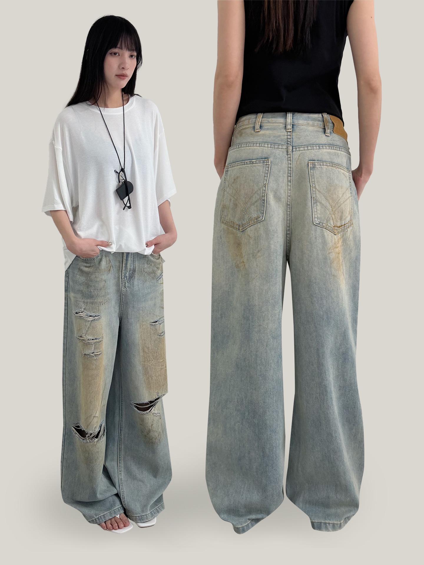 Yuyi 2026 Wasteland Style Women s Distressed Straight-Leg Jeans - LQ1433 L (up to 60 kg) океан синий