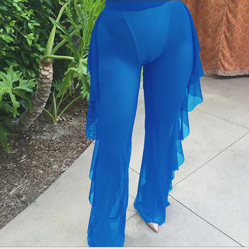Pantalones Europeos y Americanos de Estilo Caliente de Malla con Volantes Semitransparentes de Pierna Ancha