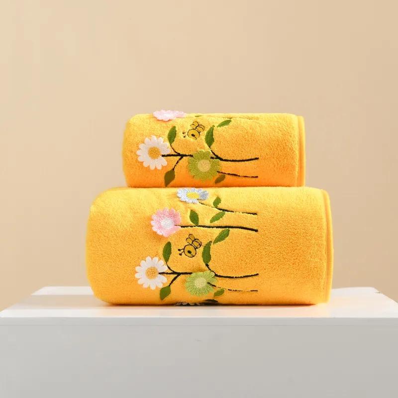 2pcsHome portable embroidered cartoon bath towel towel household thick coral fleece absorbent quick-drying bath towel