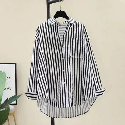 Spring and Summer Long-sleeved Shirt Women's Fashion Casual Vertical Striped Loose Shirt Women