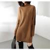 Women's Mid-Length Knitted Wool Sweater Dress with Half-High Neck and Slit – Fashionable and Loose for Autumn and Winter.