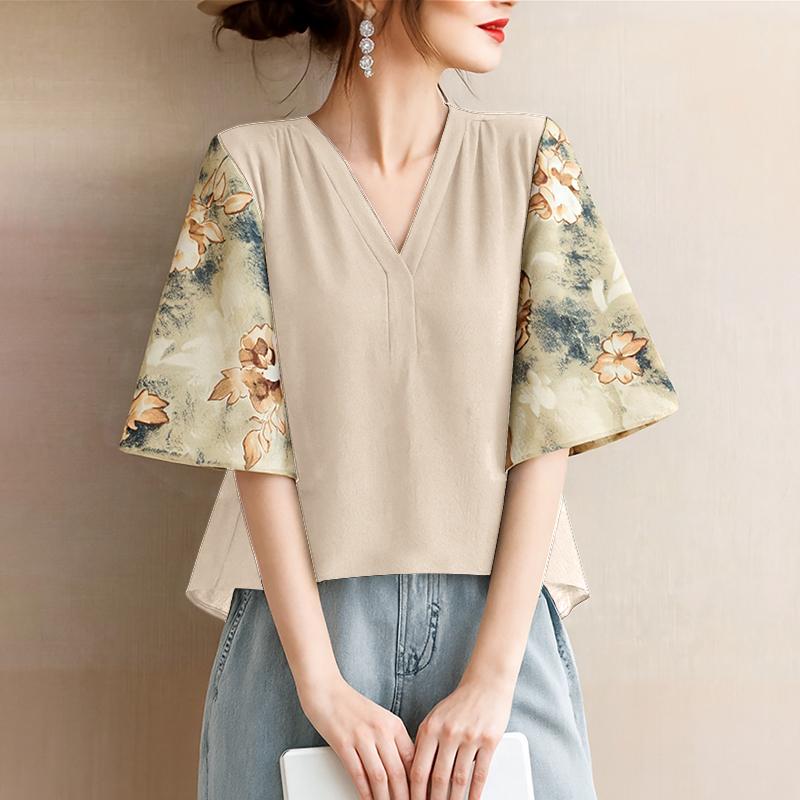 

ZANZEA Women Print Splice Short Sleeve Casual V-Neck Loose Blouse 2XL абрикосовый