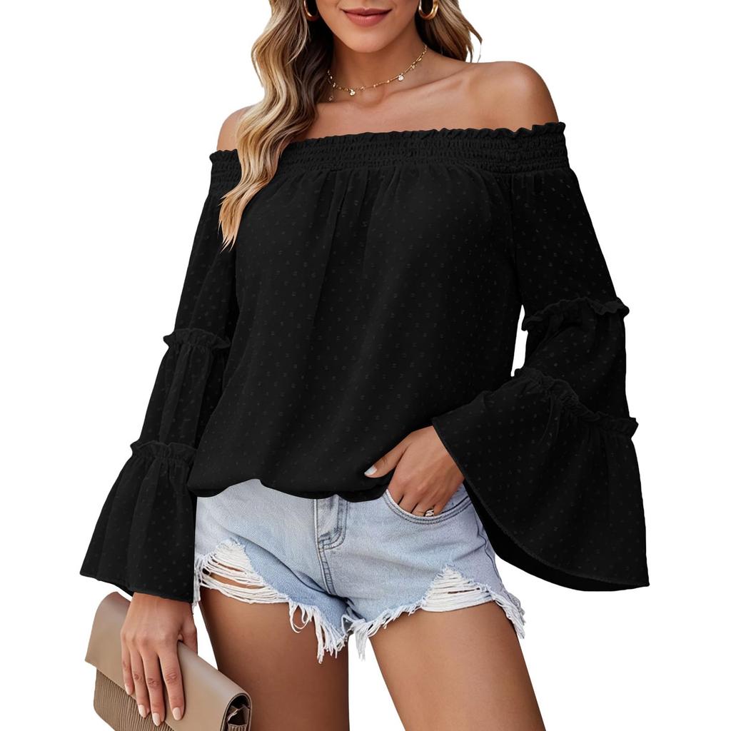 Women Off Shoulder Blouse Long Bell Sleeve Casual Loose Fit Lightweight Top with Smocked Neckline and Ruffle Detail