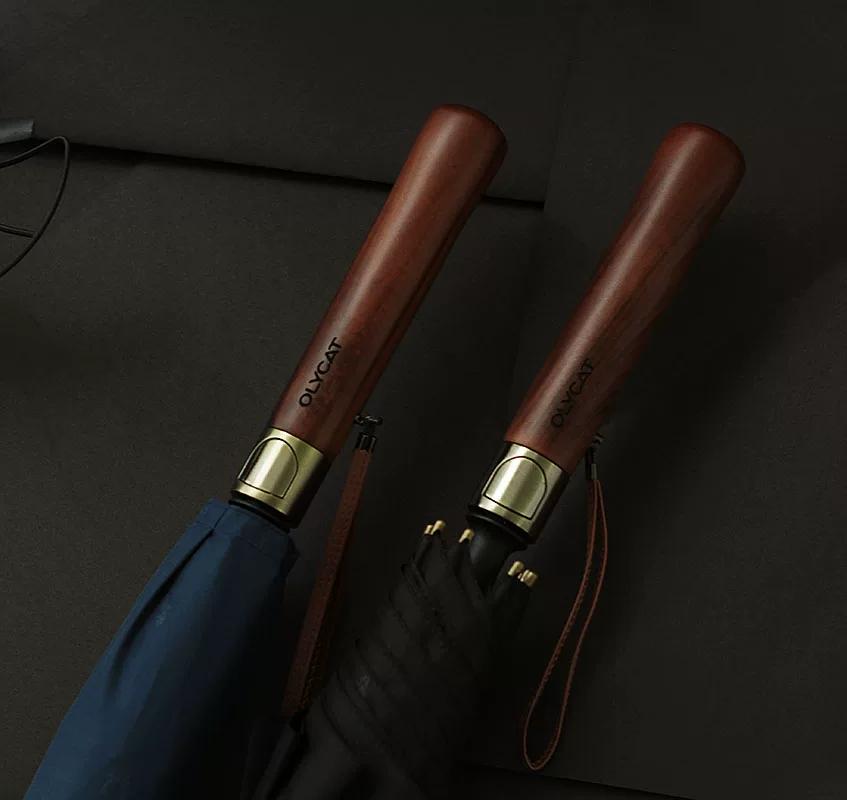 Olycat Retro Wooden Handle Double-Layer Oversized Reinforced Anti-Storm Rain Dual-Use Men Business Classy Long Handle Umbrella